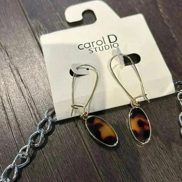 carolD Studio Tiger Eye earrings/necklace set,silver tone chain tan/brown bobble - Picture 3 of 9